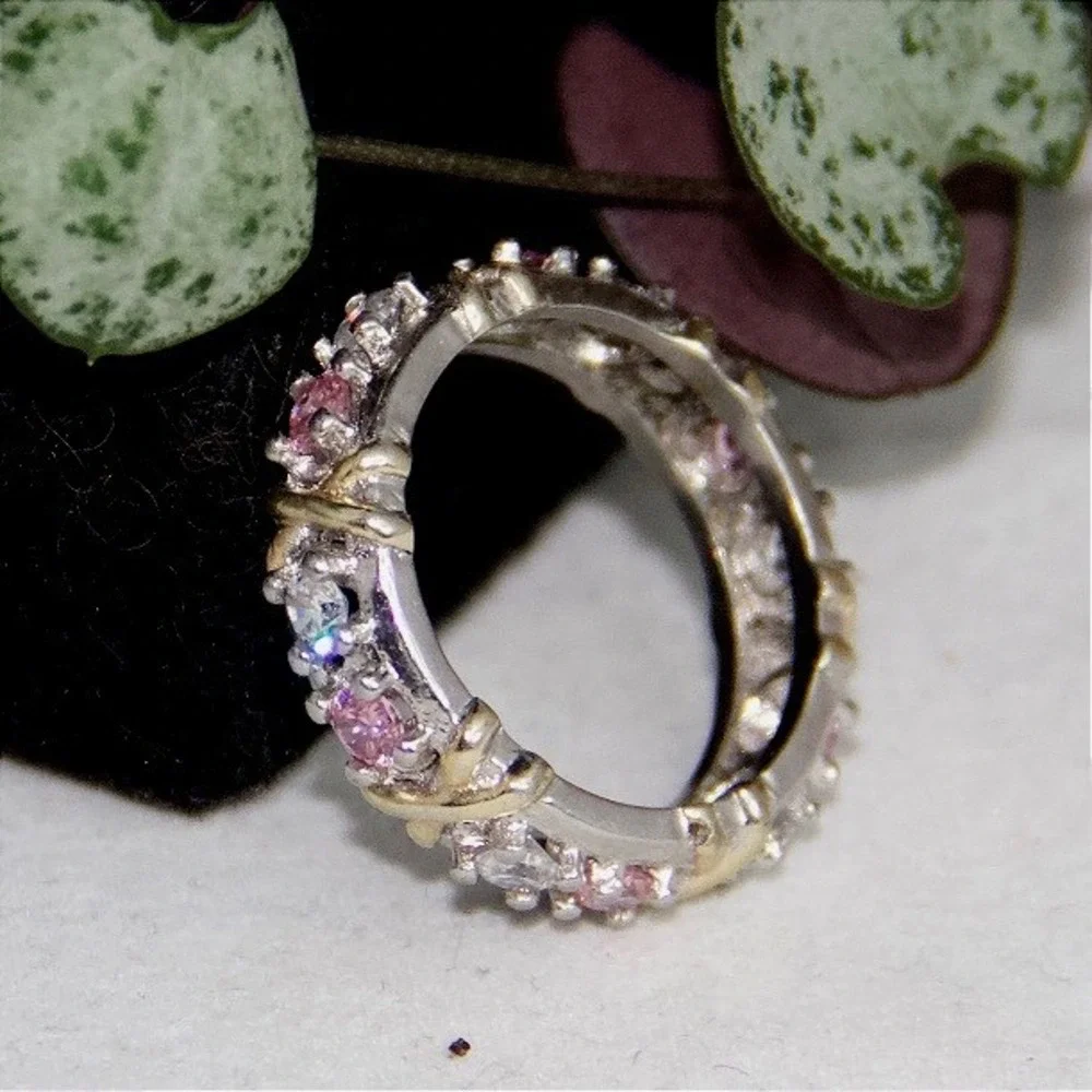Sterling Silver Pink Clear CZ Eternity Band Ring‎ Size 7 S925 X Kiss Motif